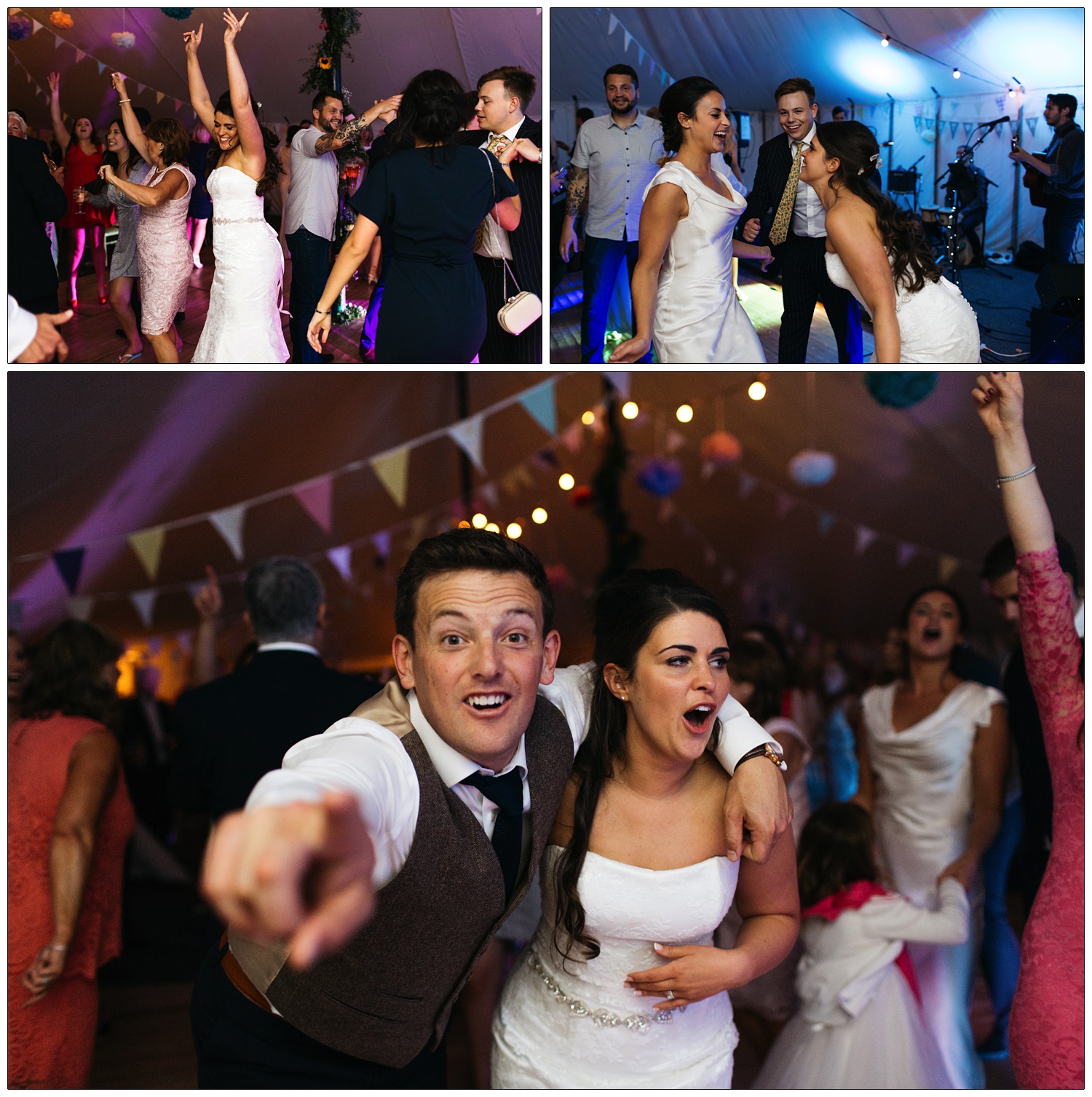 groom dancing with bride and pointing at me, the photographer