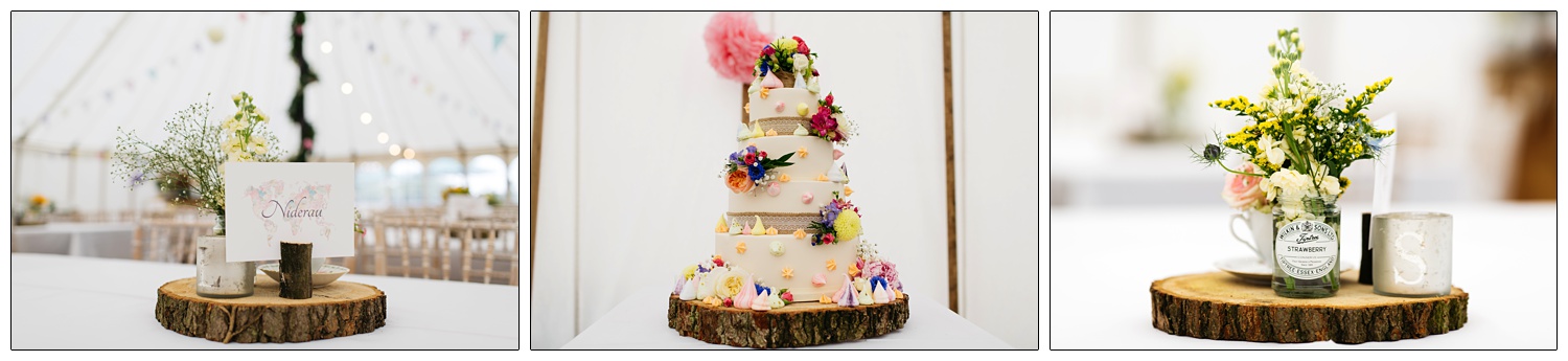 wedding details and cake with Wilkin & Sons jam jar