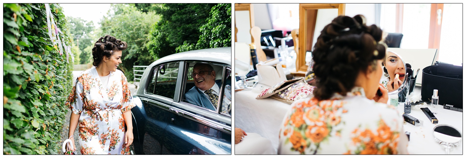 woman in rollers and dressing gown laughing at wedding car driver