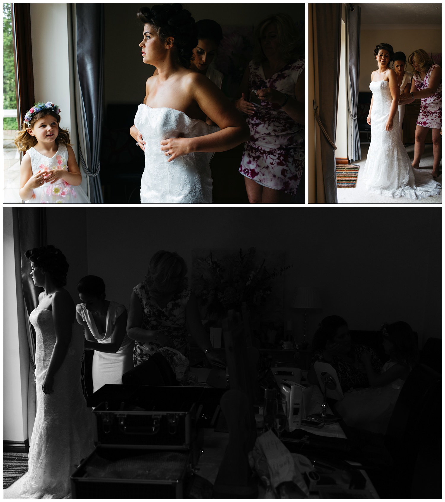 black and white photo of bride in the light of the door