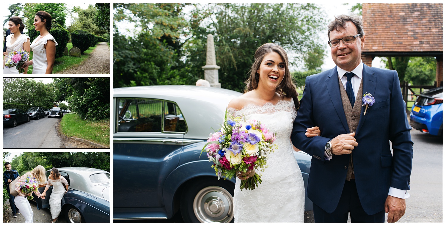 bride arriving at a church in Purleigh with her dad