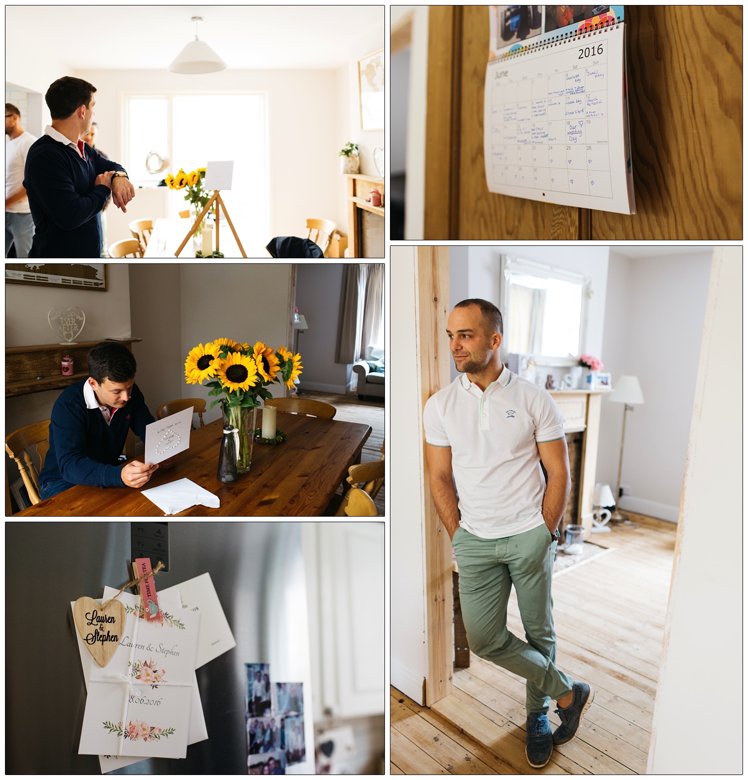 groom reading a wedding card from his wife to be in their house