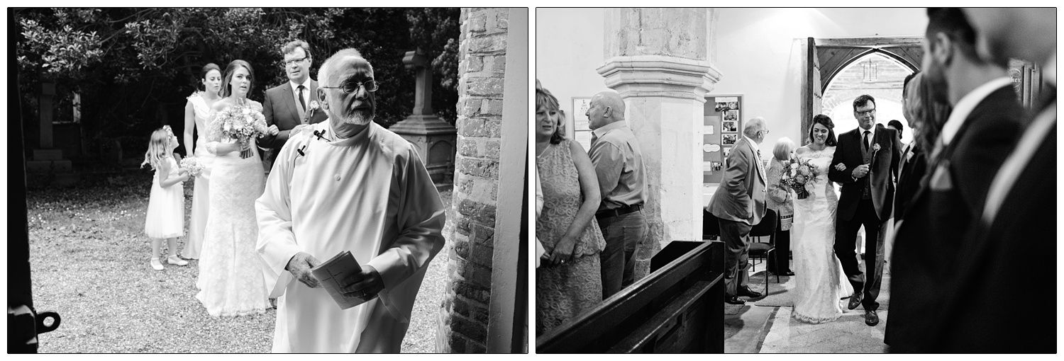 black and white photographs before the wedding ceremony, bride walks in with her father