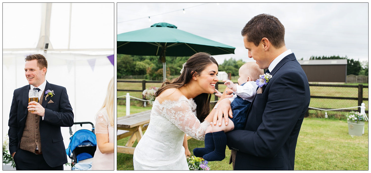 Man holding a pint. Man holding a baby with the bride. 