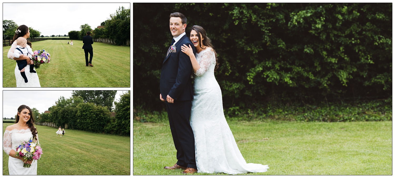 bride laughing as she holds on to husband's back outside on the lawn