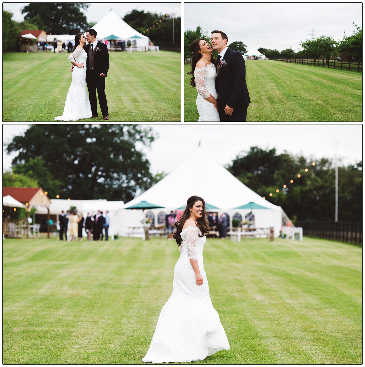 bride and groom on the lawn outside the marquee at a wedding in Essex