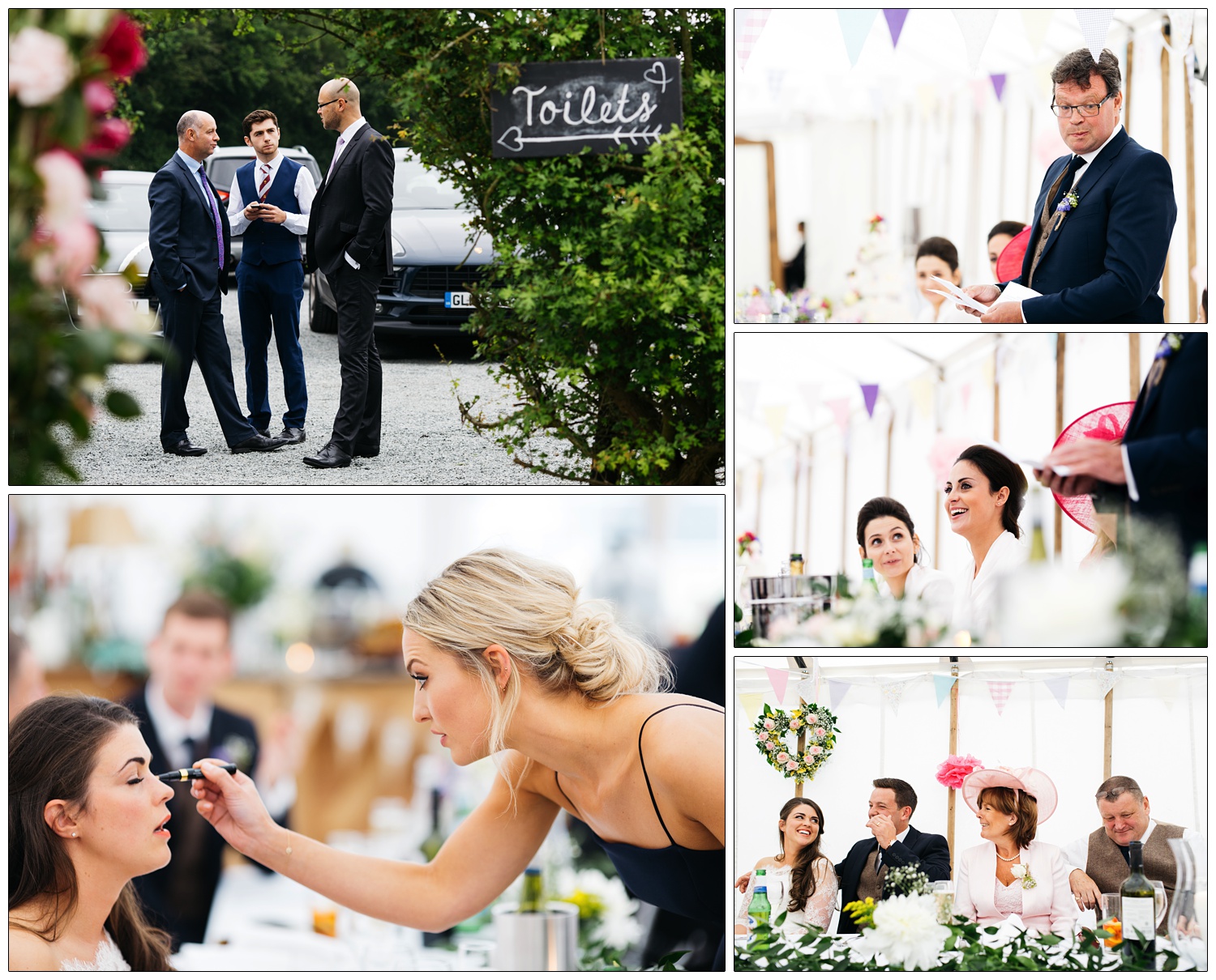 friend reapplying bride's makeup at wedding reception