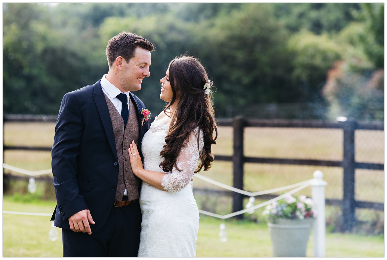 bride and groom outside