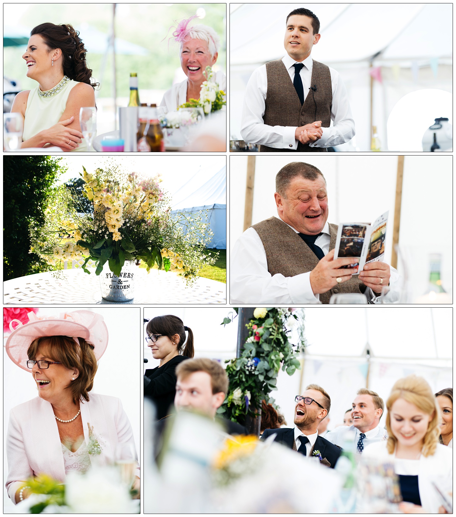 wedding guests in a marquee laughing at speech