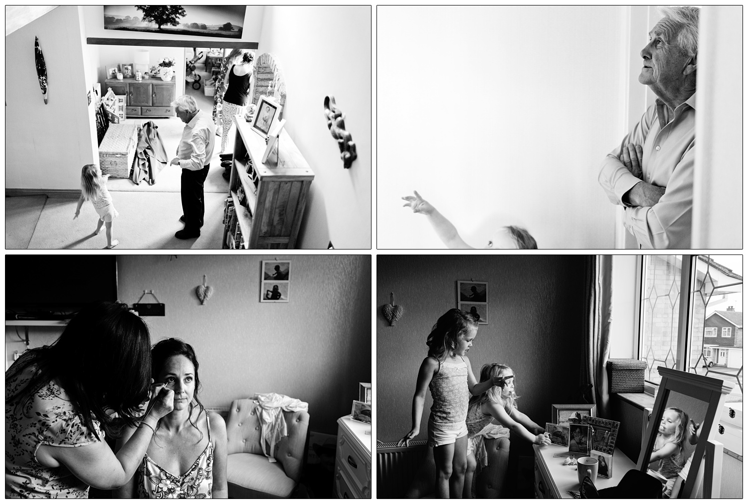 black and white photographs at home in Essex getting ready for a wedding