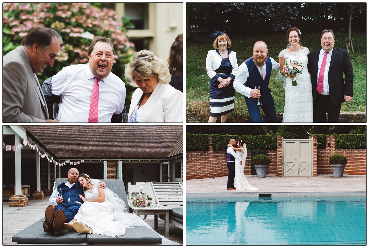 Bride and groom by the swimming pool at Essex wedding venue.
