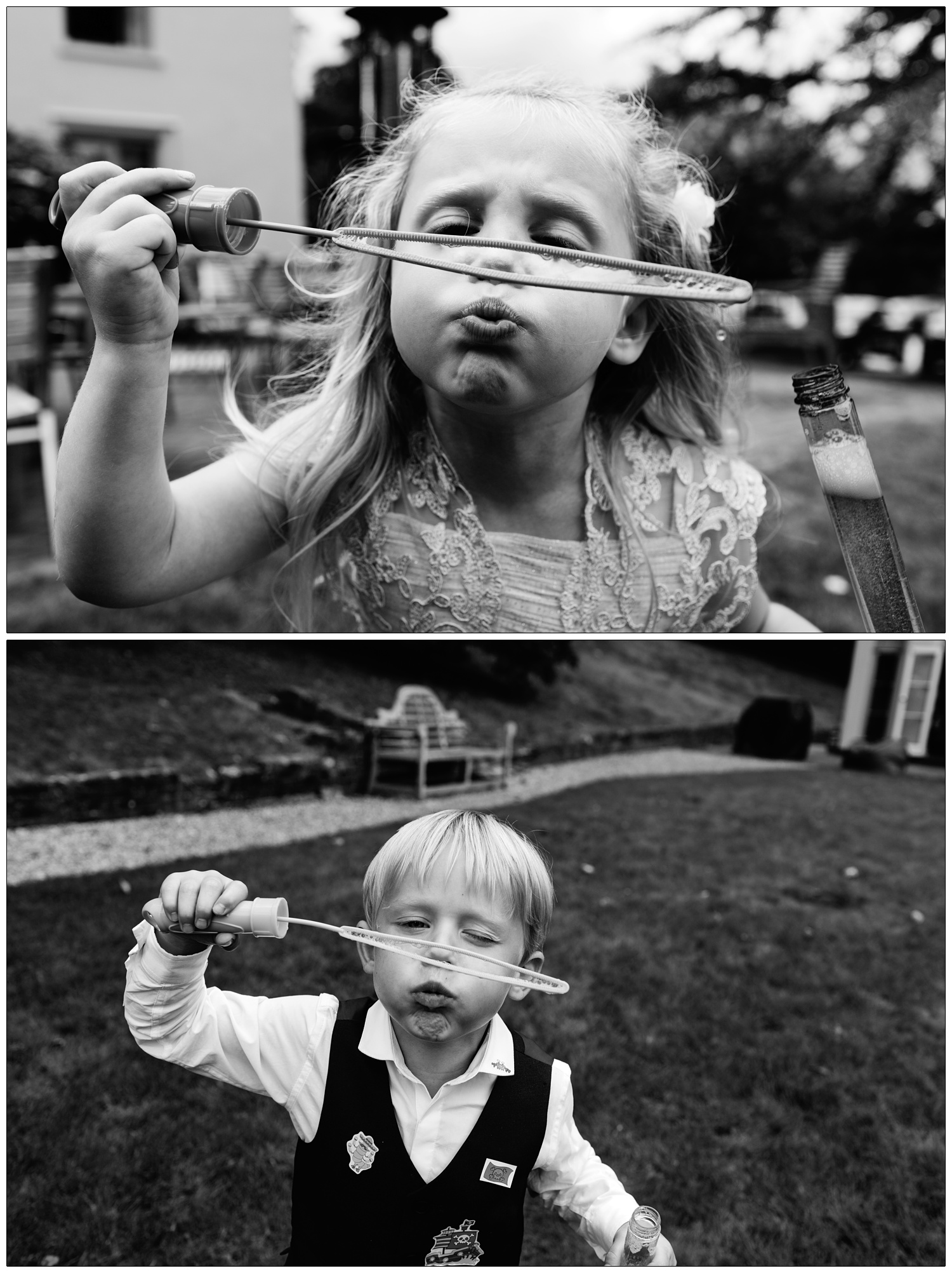 black and white photographs of children blowing bubbles at an Essex wedding