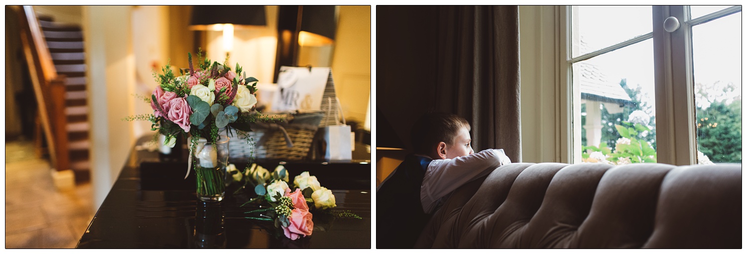 Flowers on a piano and a boy on a sofa.