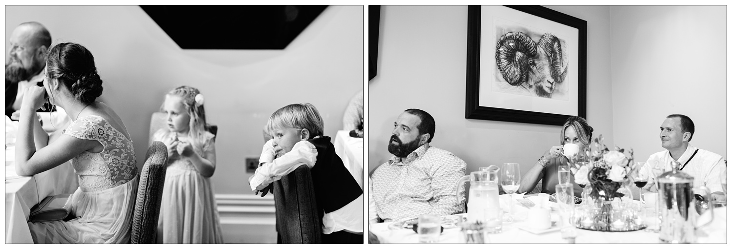 black and white photos of wedding guests at Maison Talbooth during the speeches