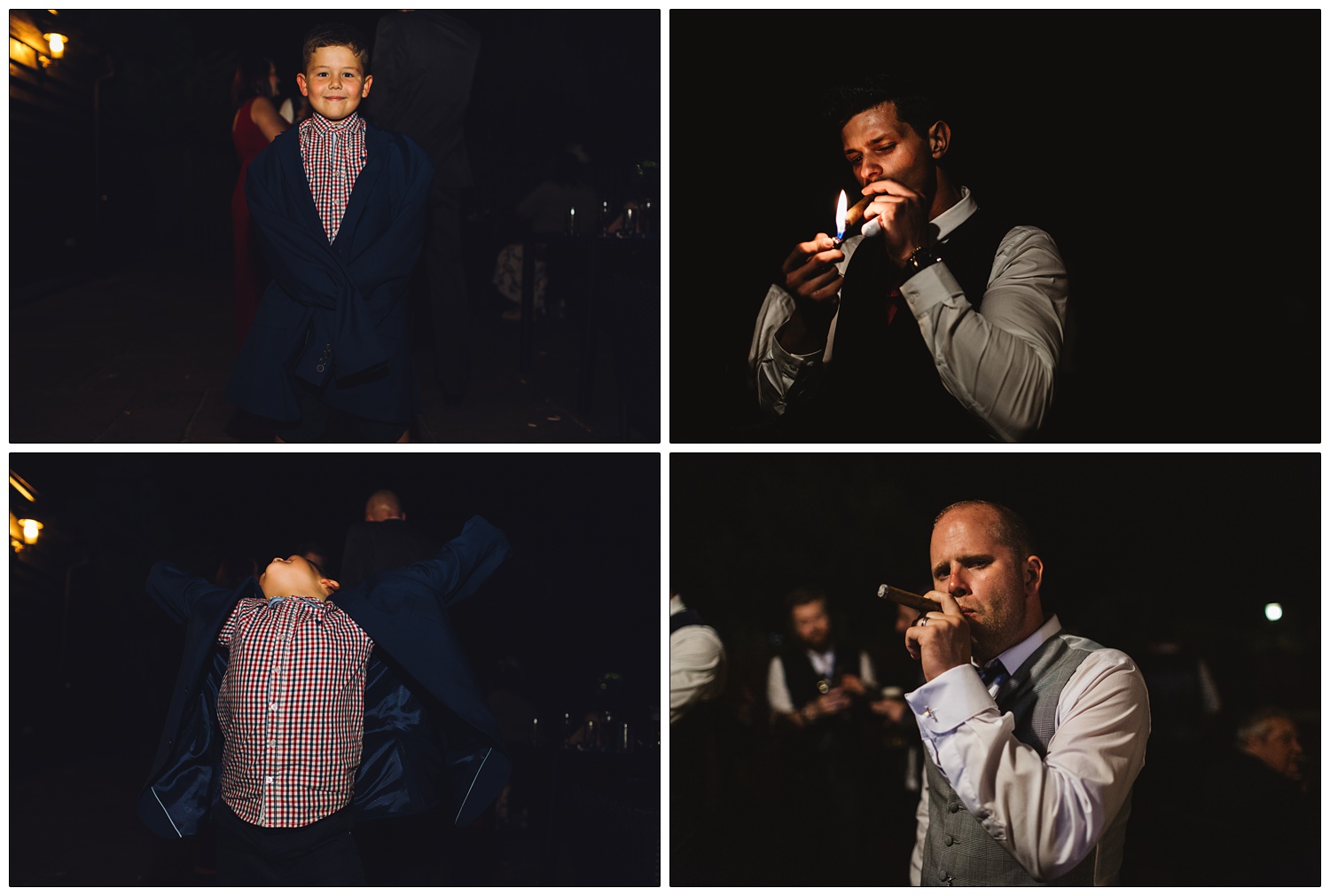 men at a wedding smoking cigars at night