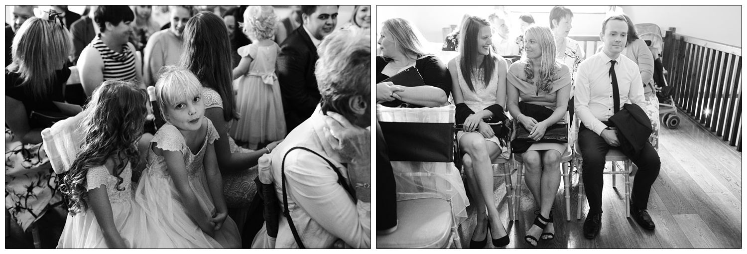 black and white photographs of guests in the ceremony room