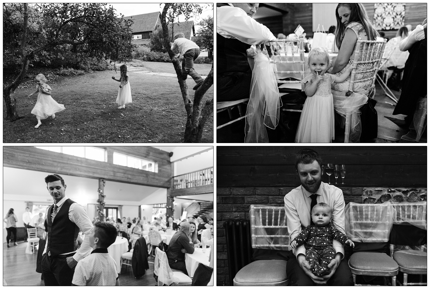 black and white reportage photographs from a wedding in Great Yeldham. Children running around collecting apples, a toddler spotting the camera, a baby with his dad.