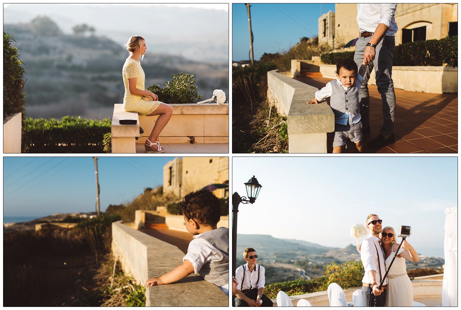 wedding guests and little boy in the sunshine after a ceremony at a hotel in Gozo