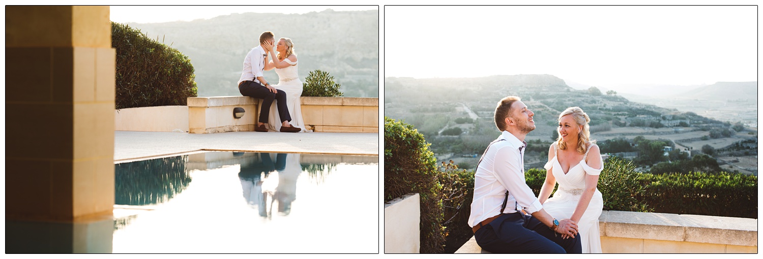 new husband and wife sitting on a wall by the pool at the Cornucopia Hotel in Gozo after getting married