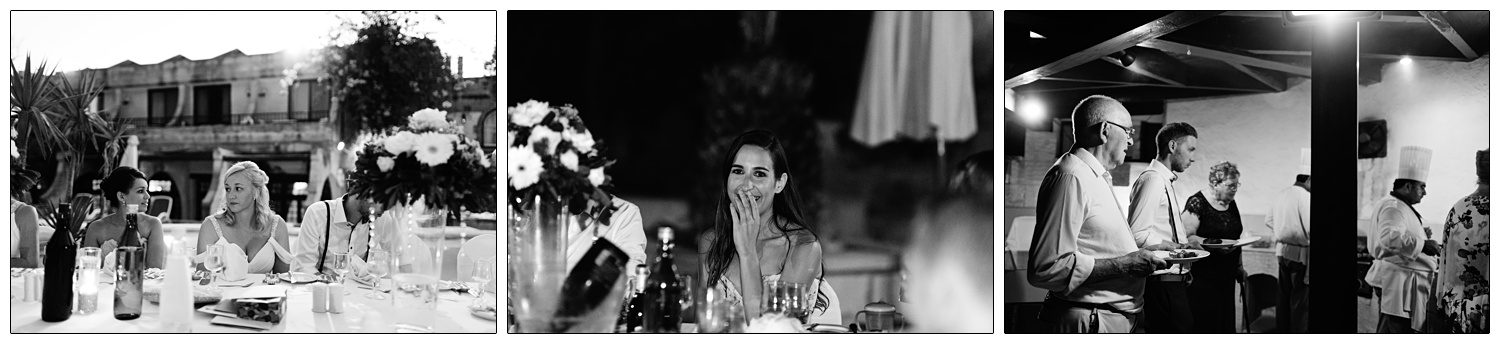 Black and white candid photographs from a wedding breakfast.