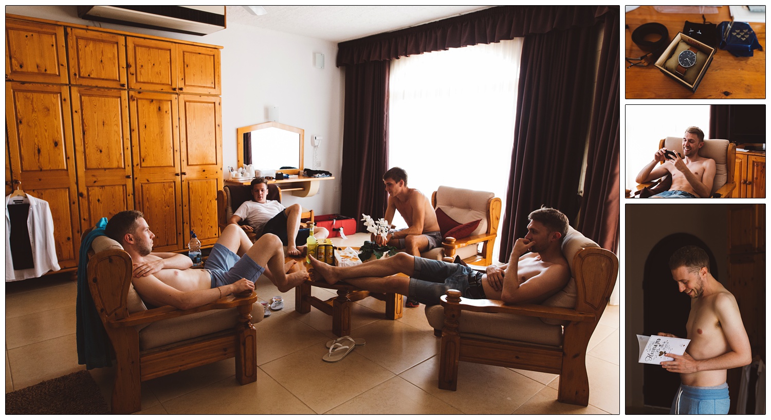 grooms men sitting round indoors before wedding