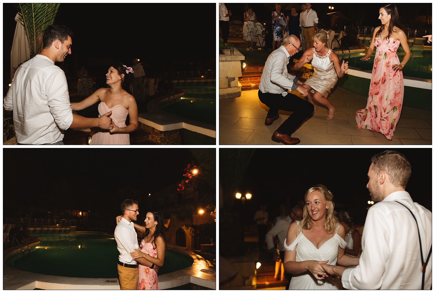 Wedding guests dancing by a pool at night.