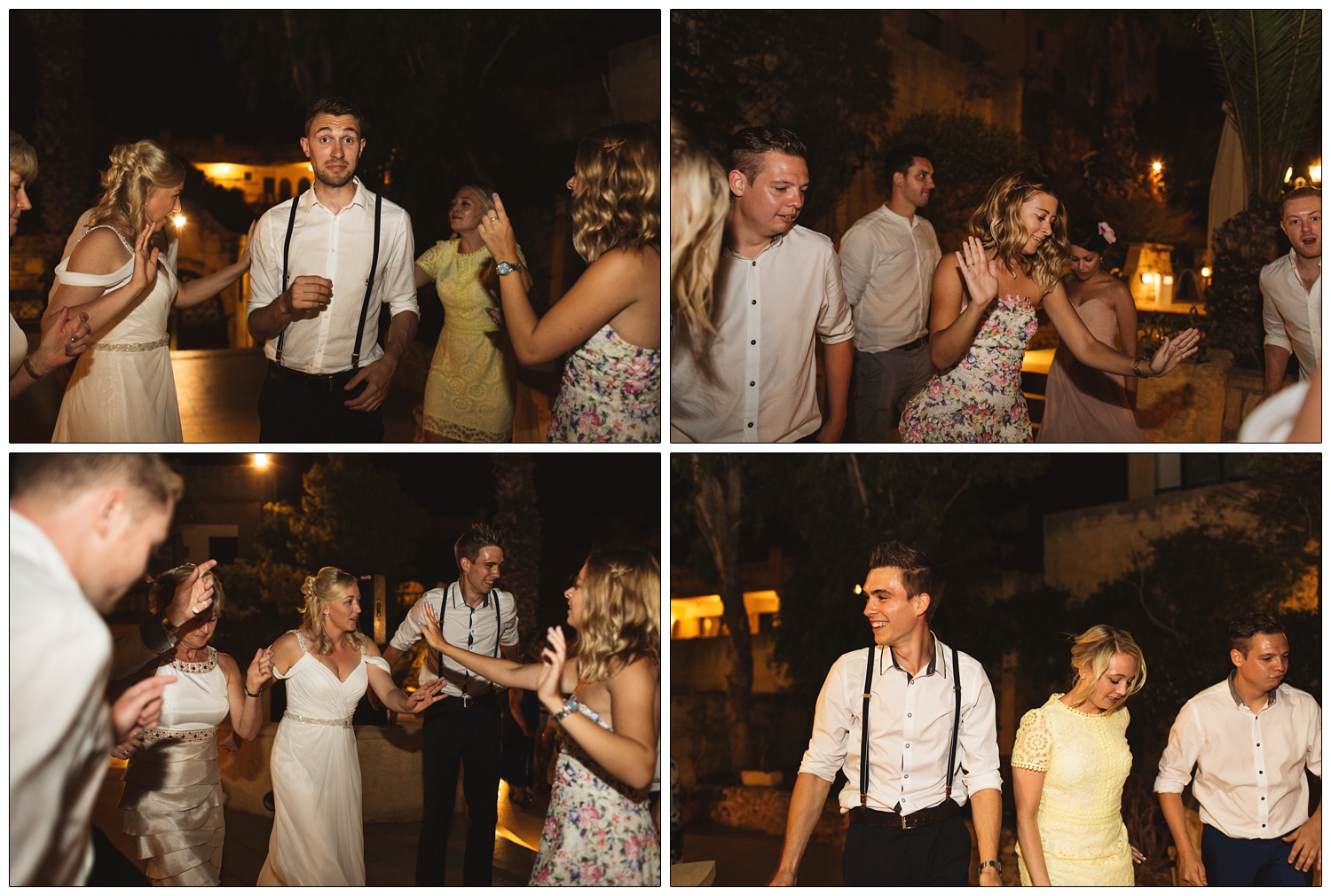 Wedding guests dancing outside at night with bride