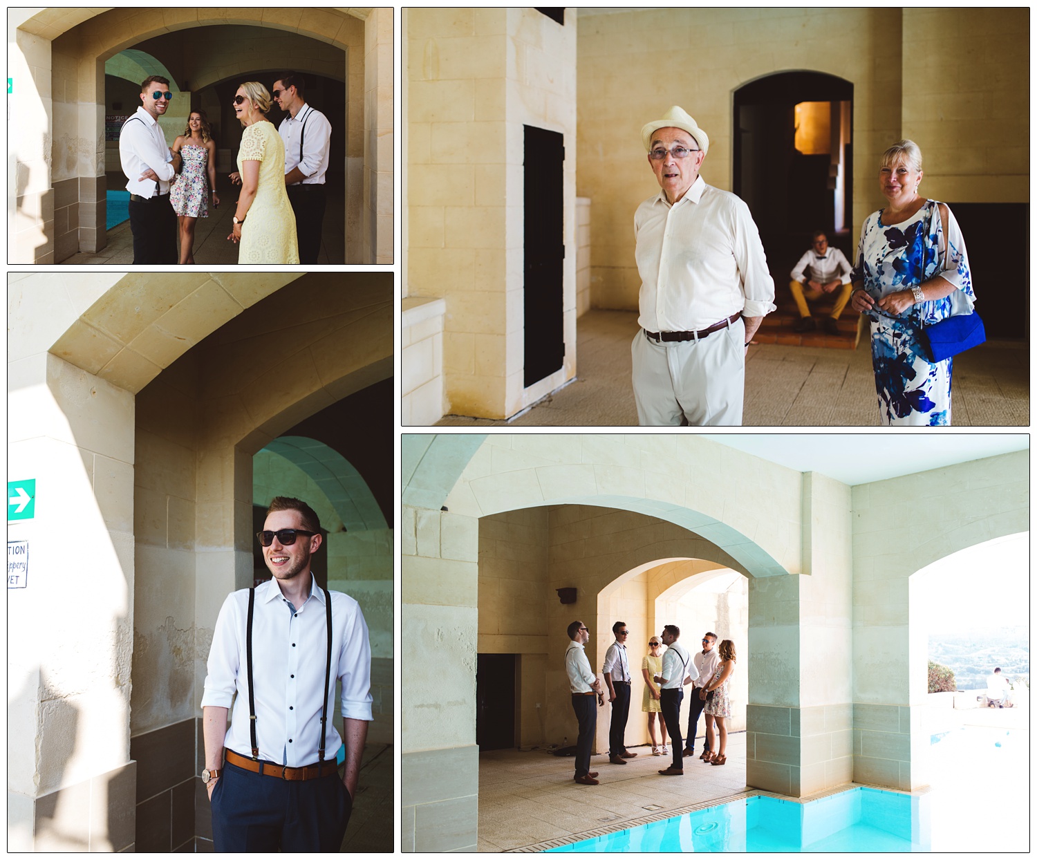 wedding party hanging around the pool waiting for ceremony in Gozo