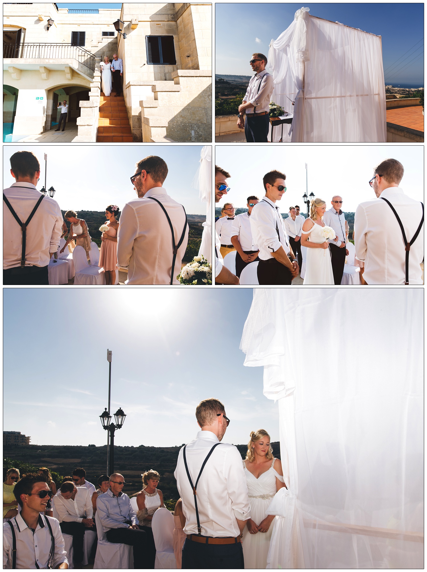 wedding ceremony outside in the sunshine at The Cornucopia Hotel, bride walking down the stairs with her dad.