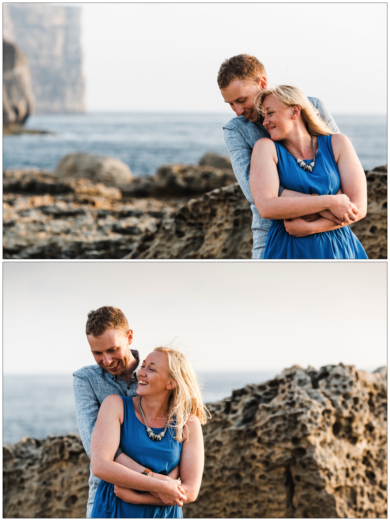 newly married couple by the sea in Gozo, hugging and laughing