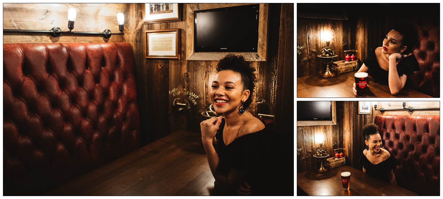 Singer Malaika Shaw laughing and sitting at a table in a pub with a pint of London Pride Disorder magazine