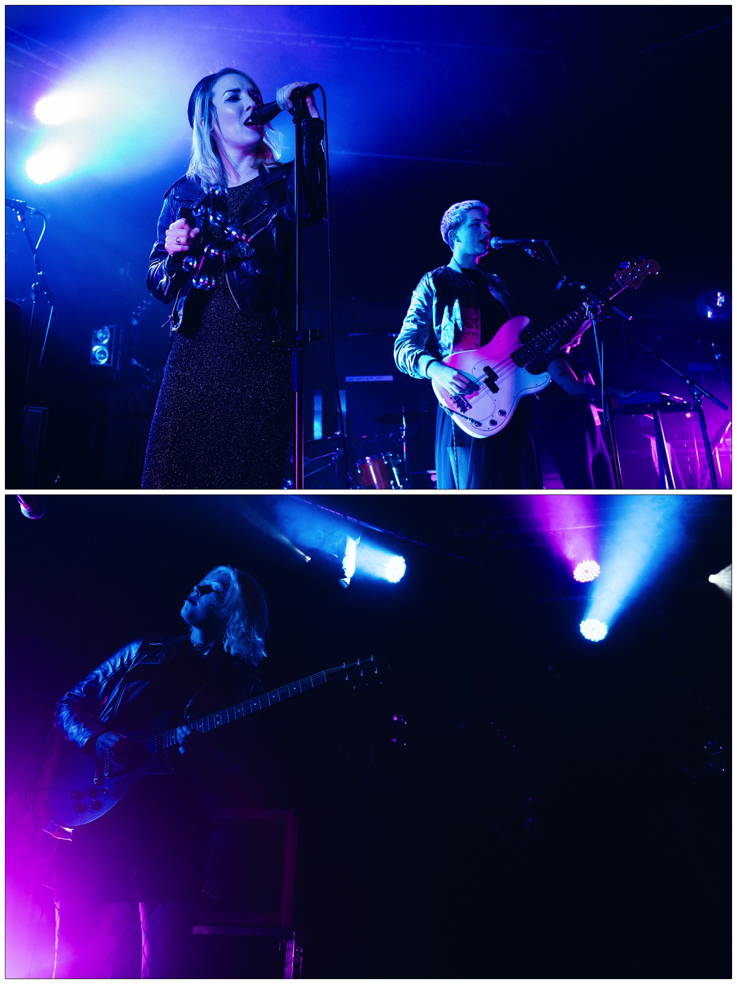 Faith Vern singing on stage, Lois Macdonald on guitar, with band PINS supporting Maxïmo Park. The stage lighting is blue and purple.