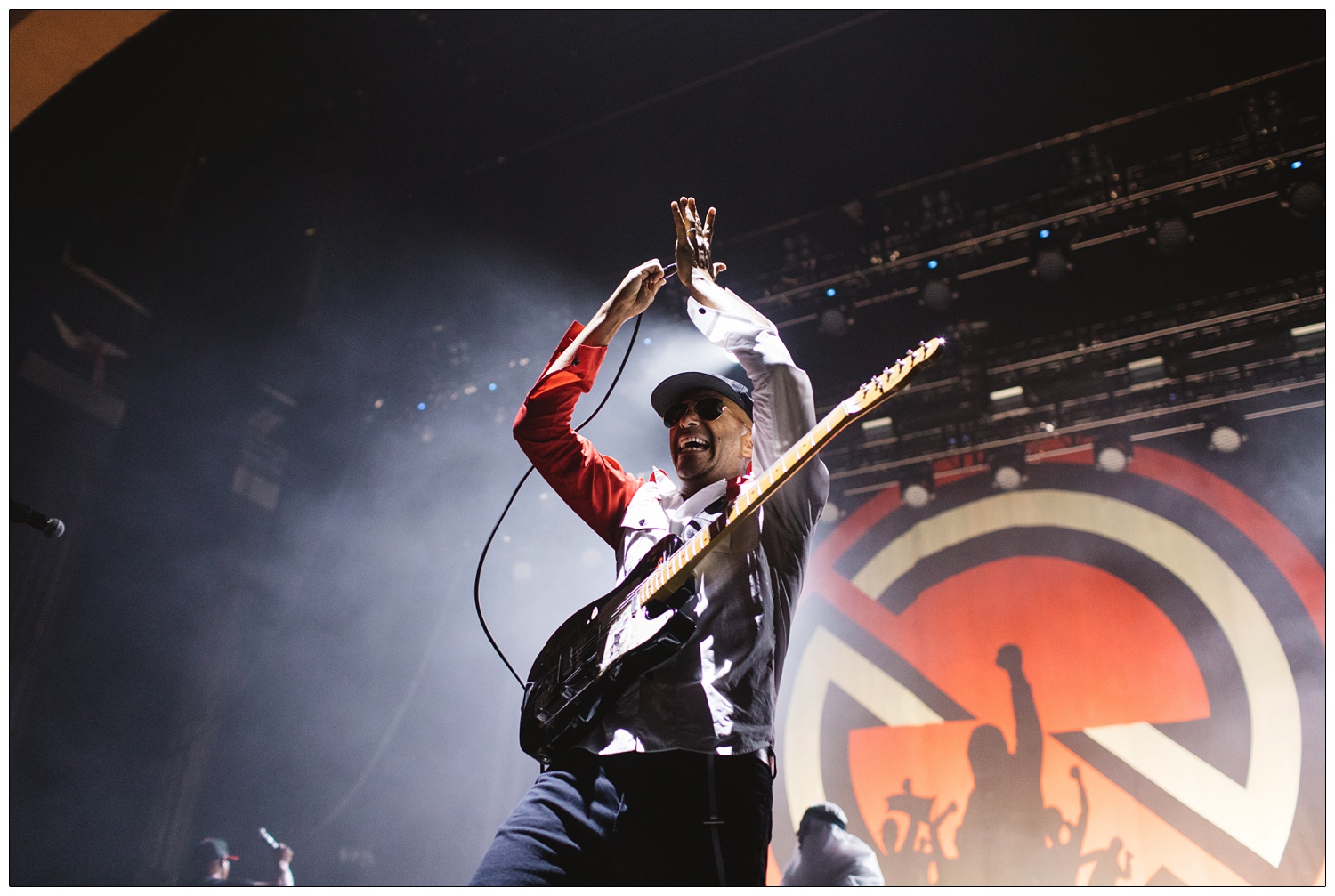 Tom Morello unplugging his guitar and touching the cable to make weird sound. At Brixton academy with Prophets of Rage..