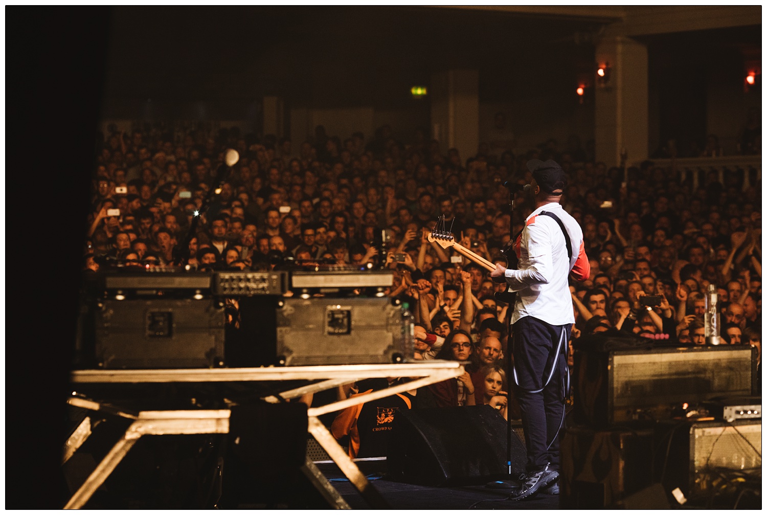 View of Tom Morello from backstage. Looking out over the crowd in Brixton Academy.