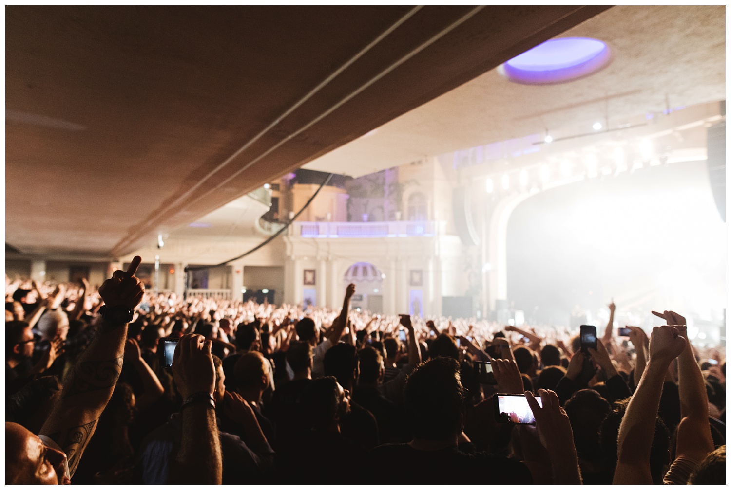 The crowd at Brixton Academy giving the finger at a Prophets of Rage gig.