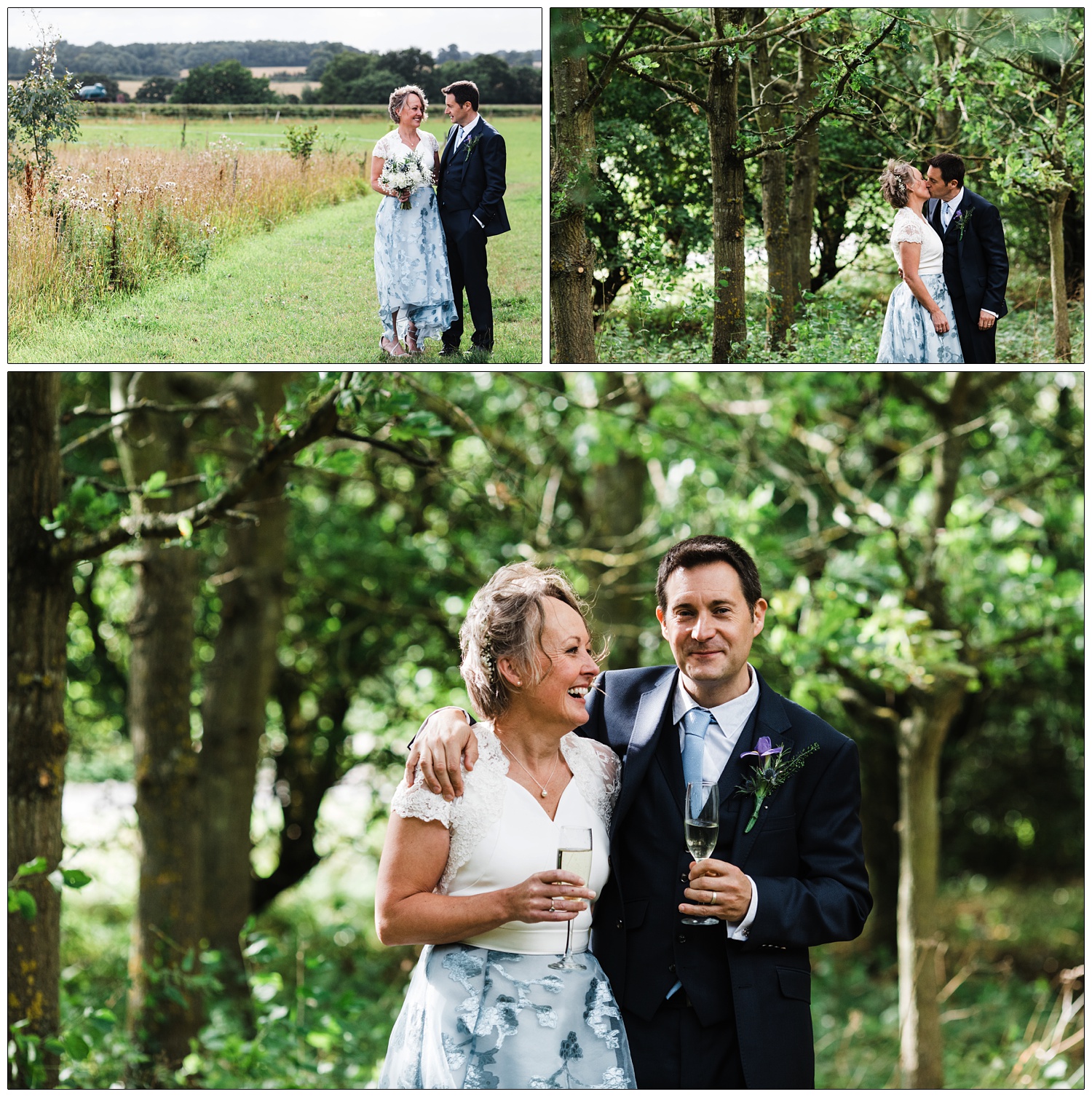 Newly married couple portraits in woodland of Alpheton Hall Barns.