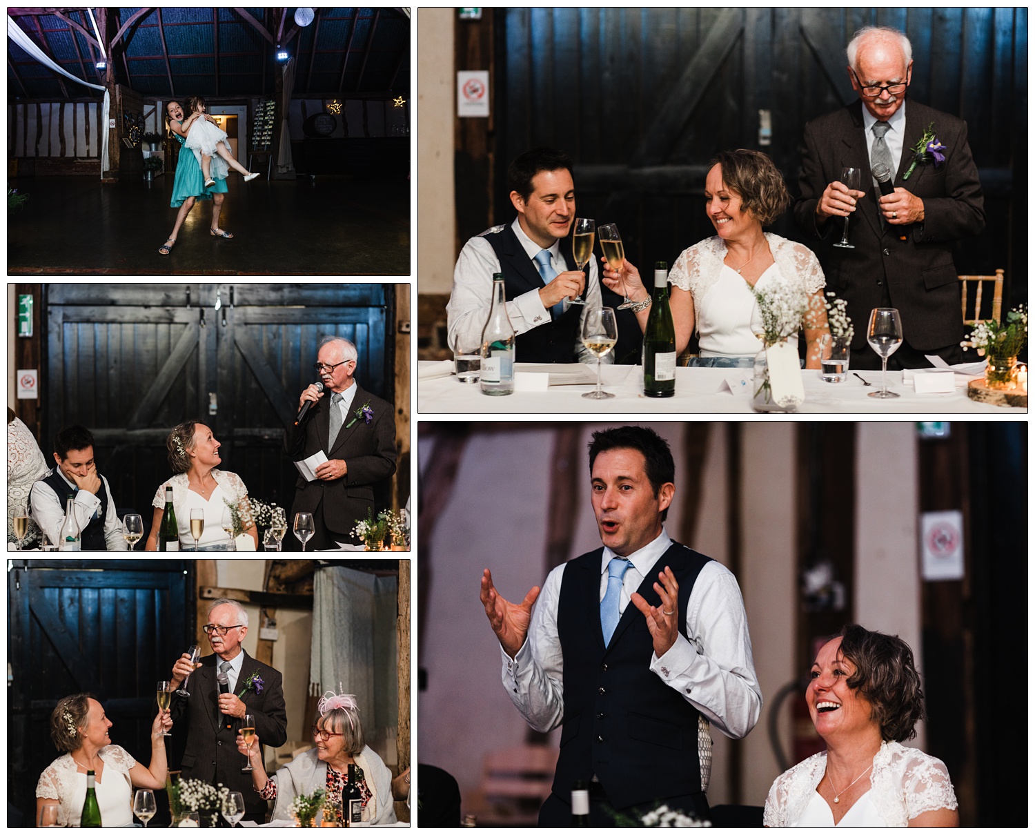 Father of the bride giving a speech as the newly married couple clink their champagne flute glasses together.