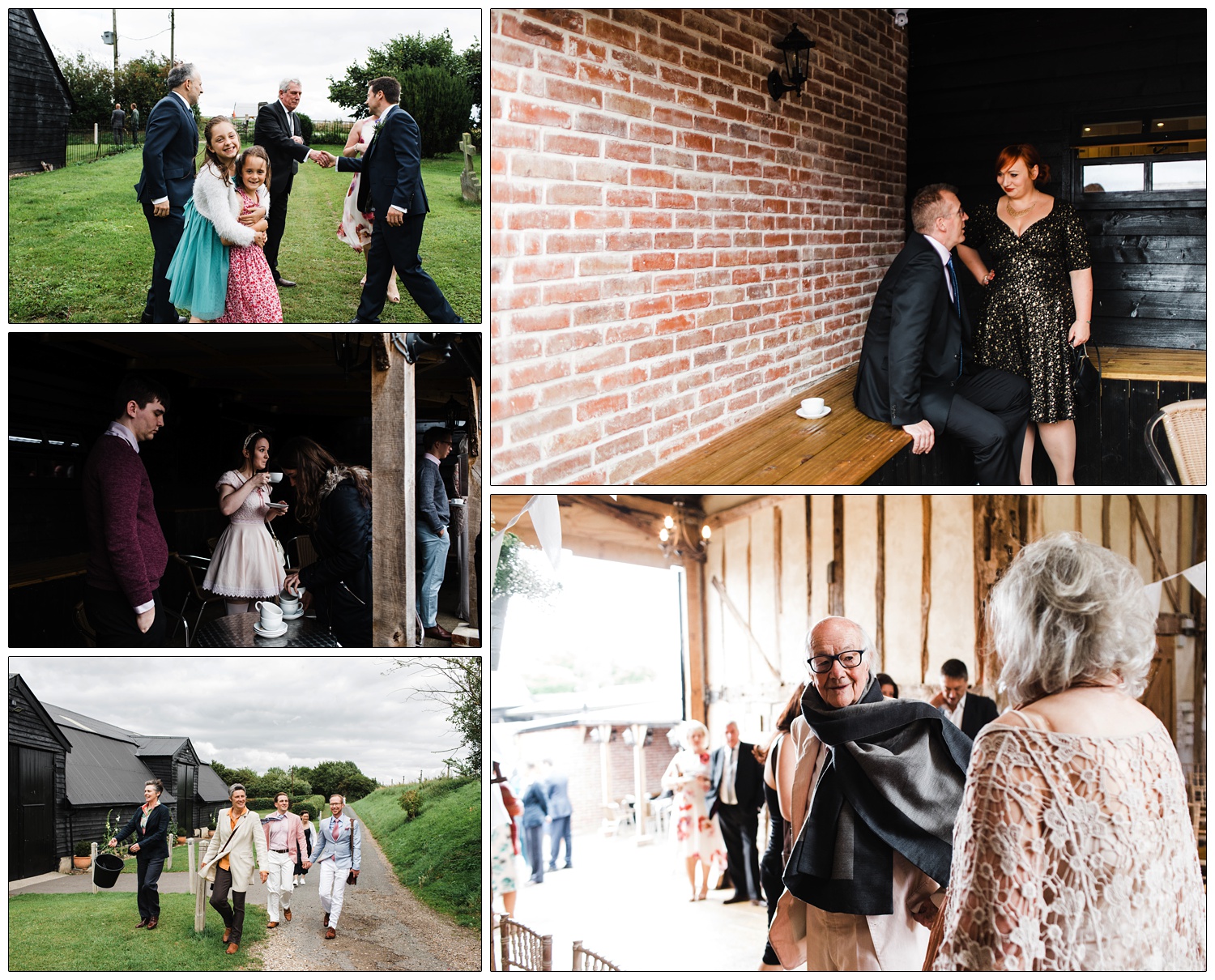 People arriving at Alpheton Hall Barns. An older man has a huge scarf and looks very dapper.