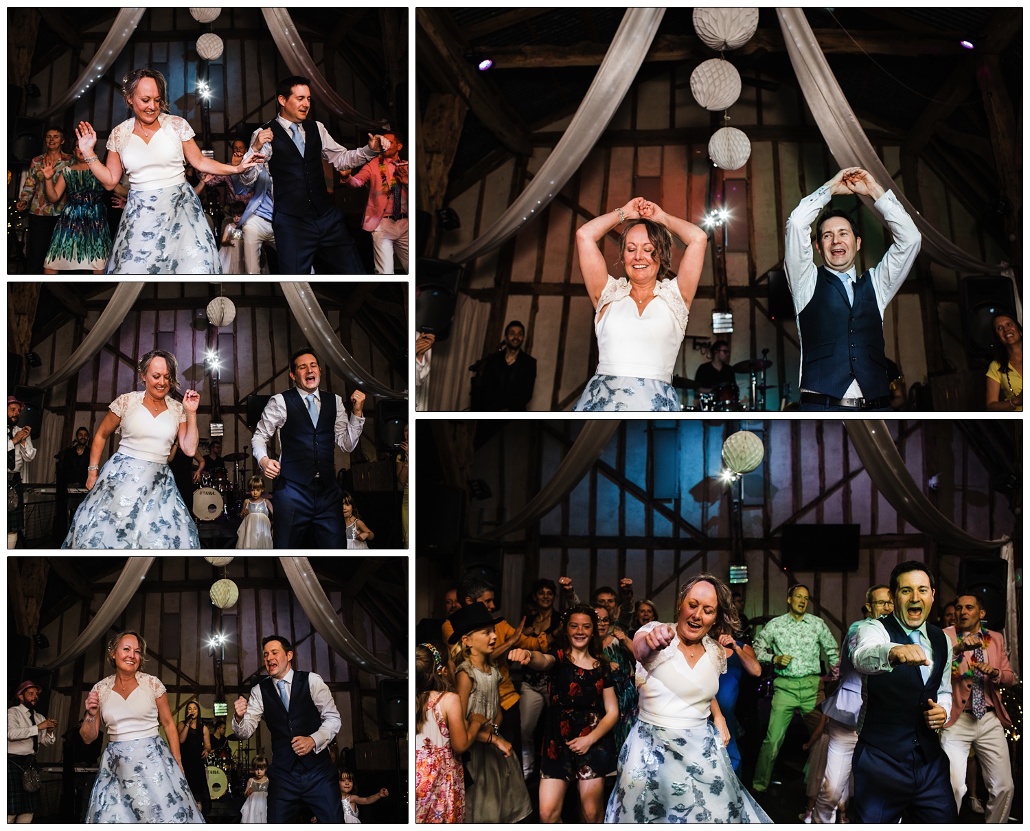 A flash mob dance at a wedding reception at Alpheton Hall Barns. They are dancing to the song Kung Fu Fighting by Carl Douglas.