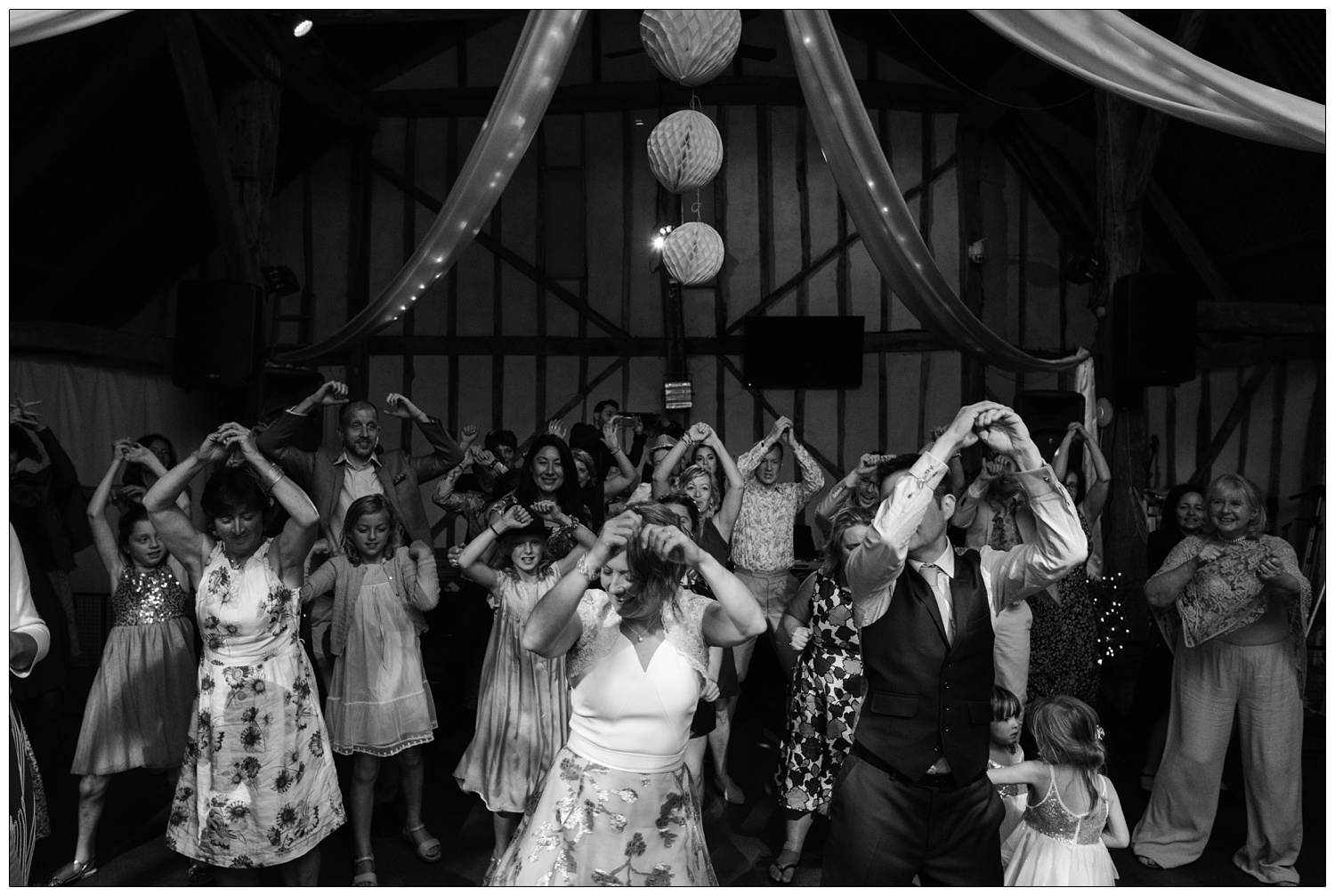 A flash mob dance at a wedding reception.