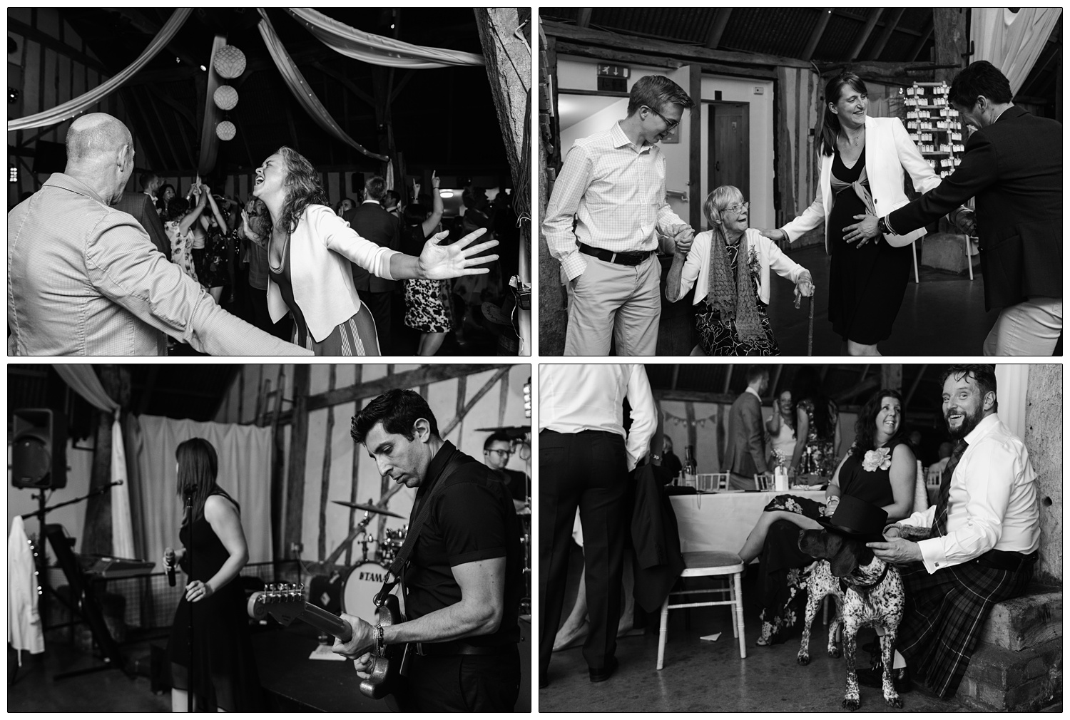 Black and white reportage photographs of a wedding reception. A man is putting a hat on a dog, an elderly woman is sat on a chair whilst guests dance around her. The band are playing at Alpheton.