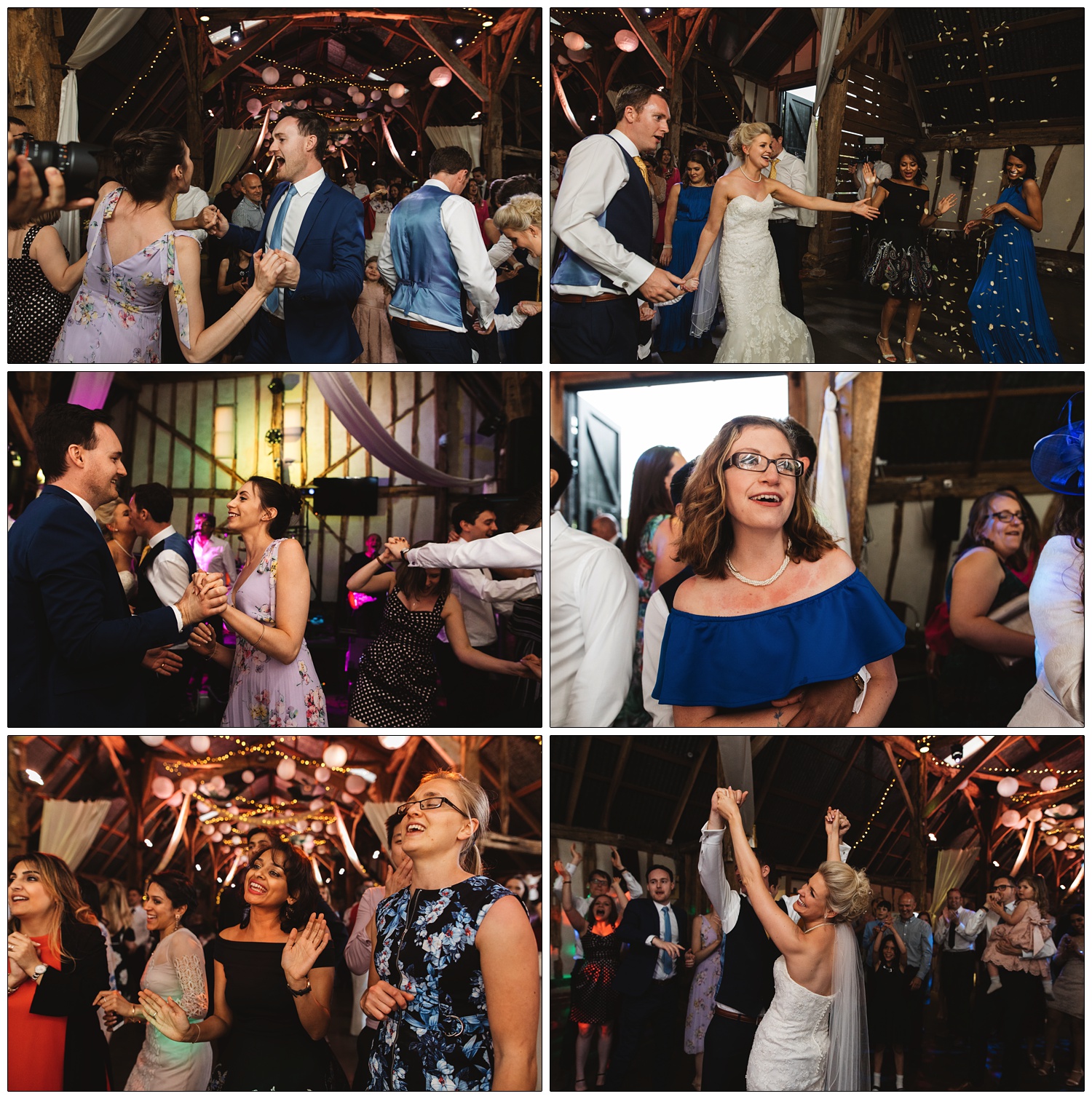 Hops falling from the ceiling, people dancing at a wedding.