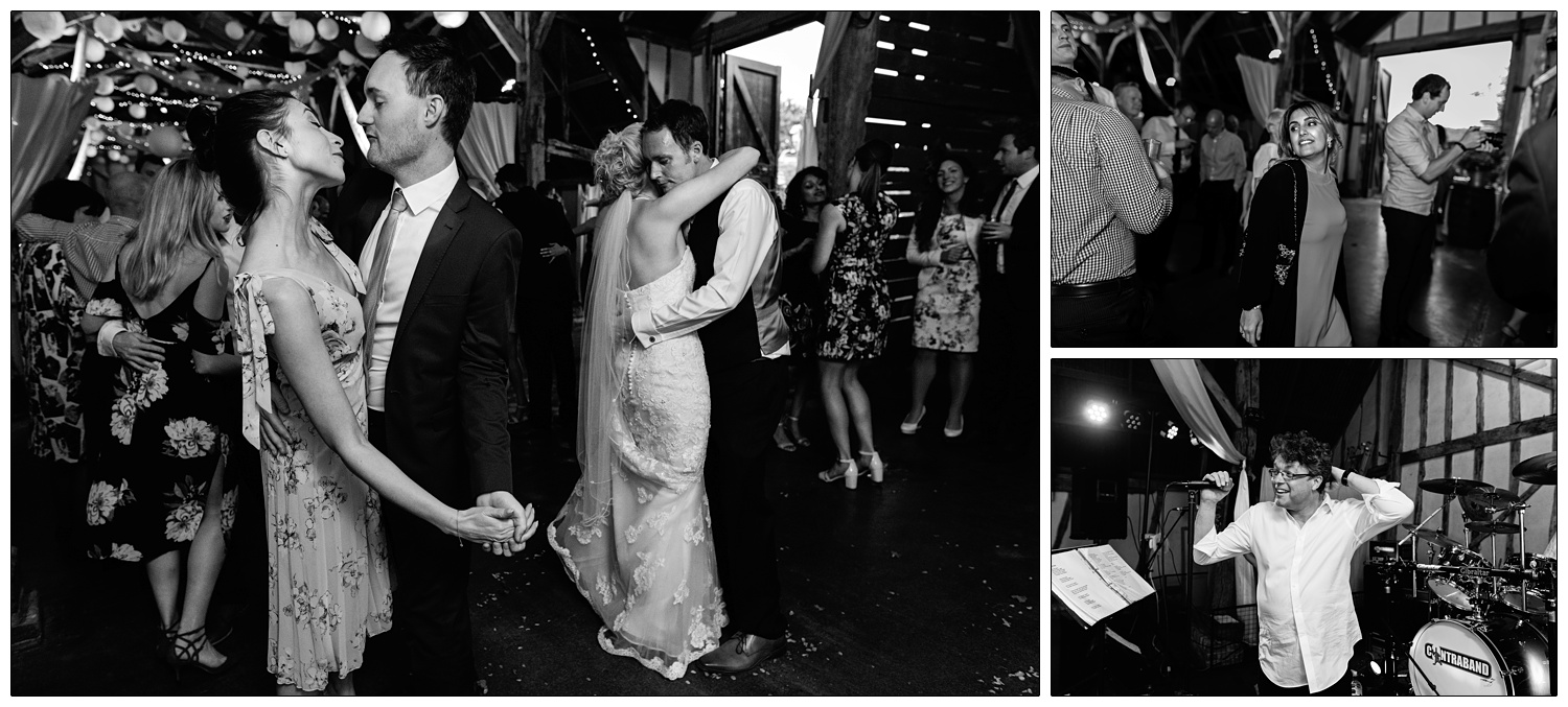 Black and white reportage style photos from a wedding reception.