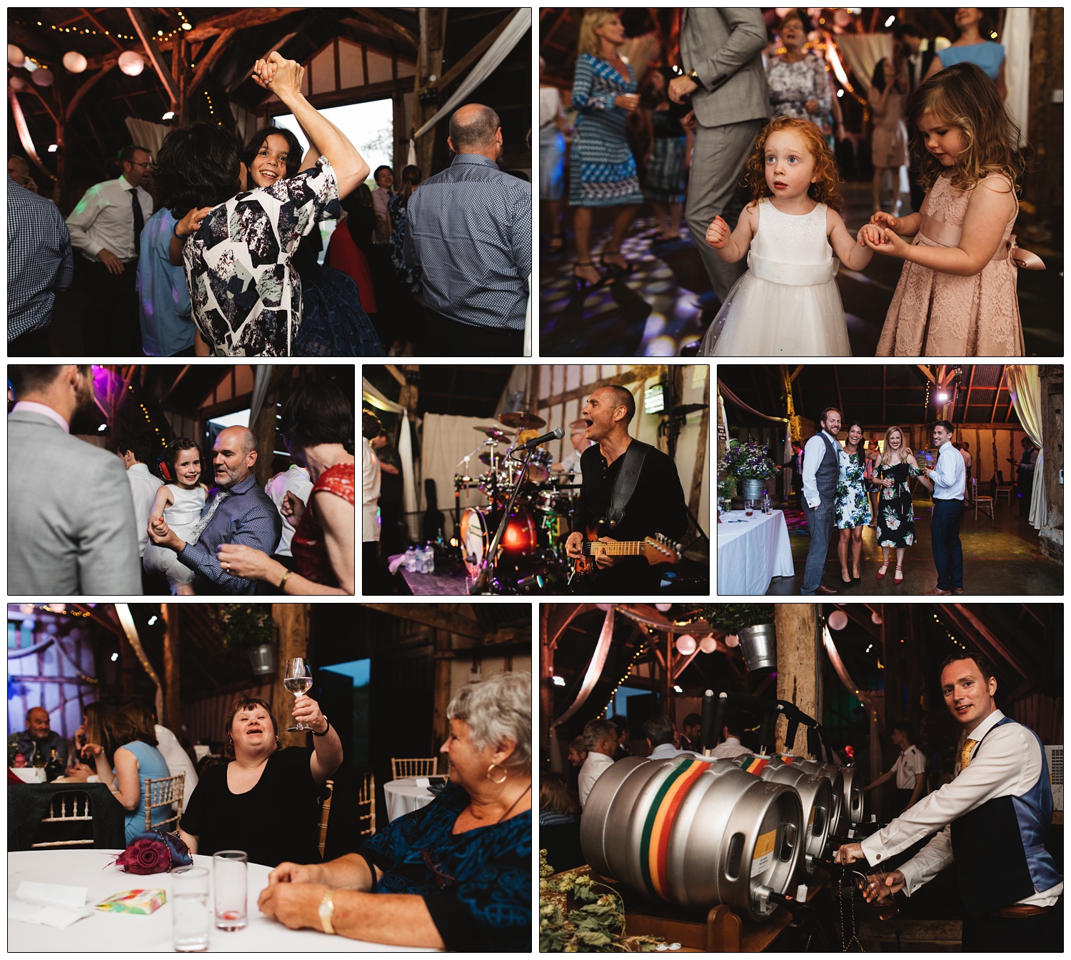 A selection of photos from a wedding reception in Suffolk. A man pours beer from a barrell, a woman raises a glass.