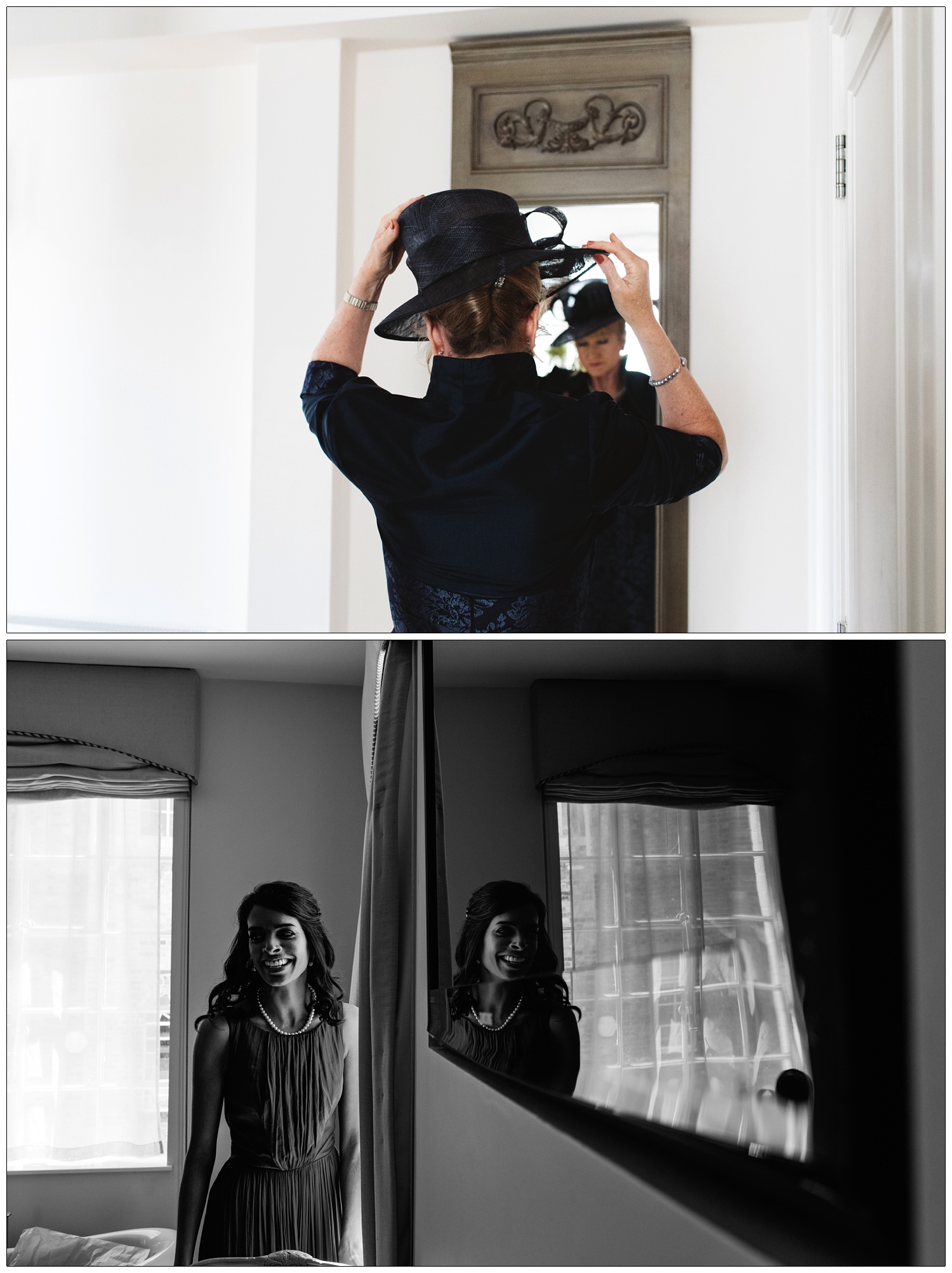 Mother of the bride putting on her hat. A Bridesmaid is reflected in the mirror.