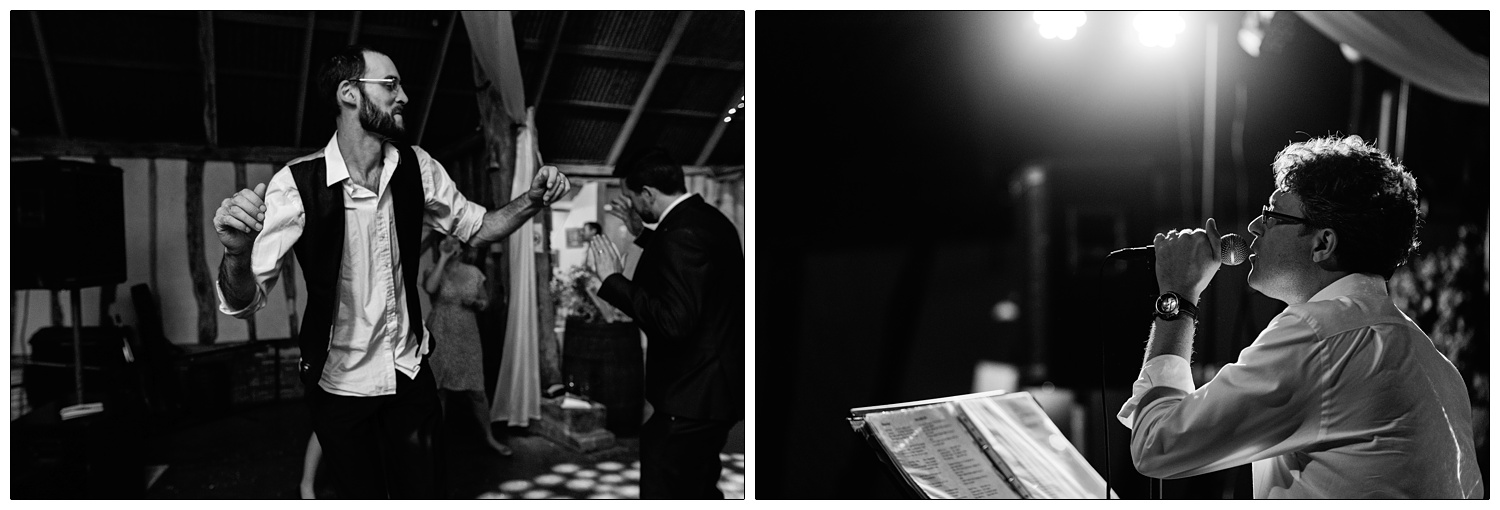 Man dancing and the singer from Contraband singing with lyrics on a music stand.