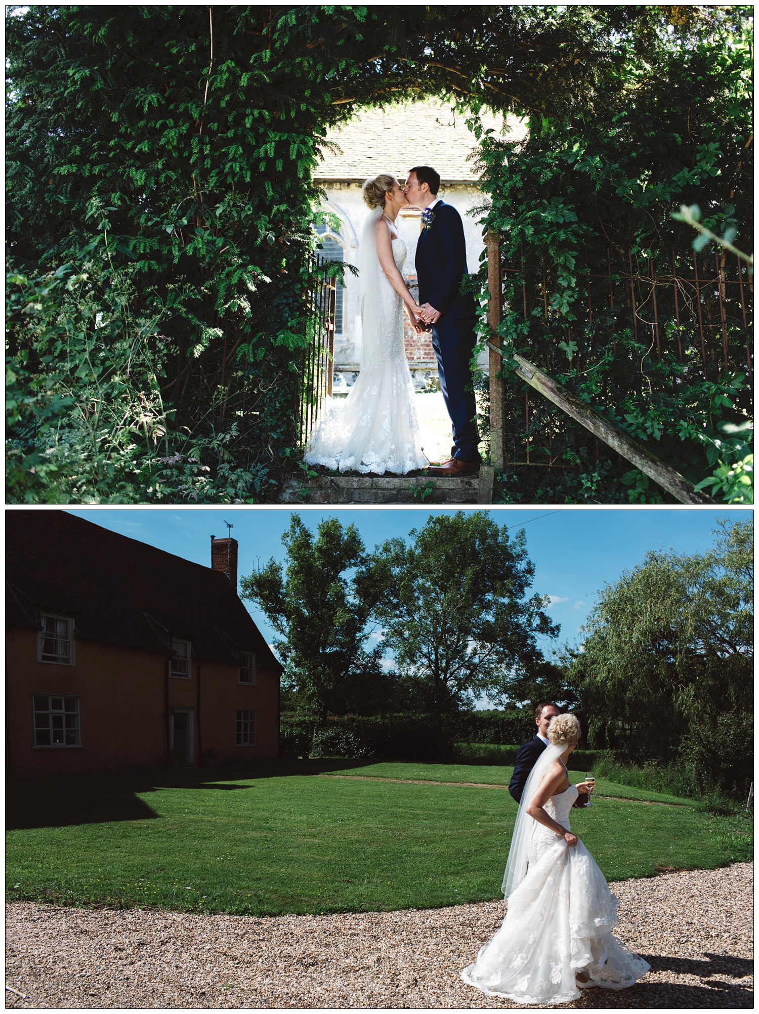 Bride and groom kissing for a wedding portrait in an archway of greenery.