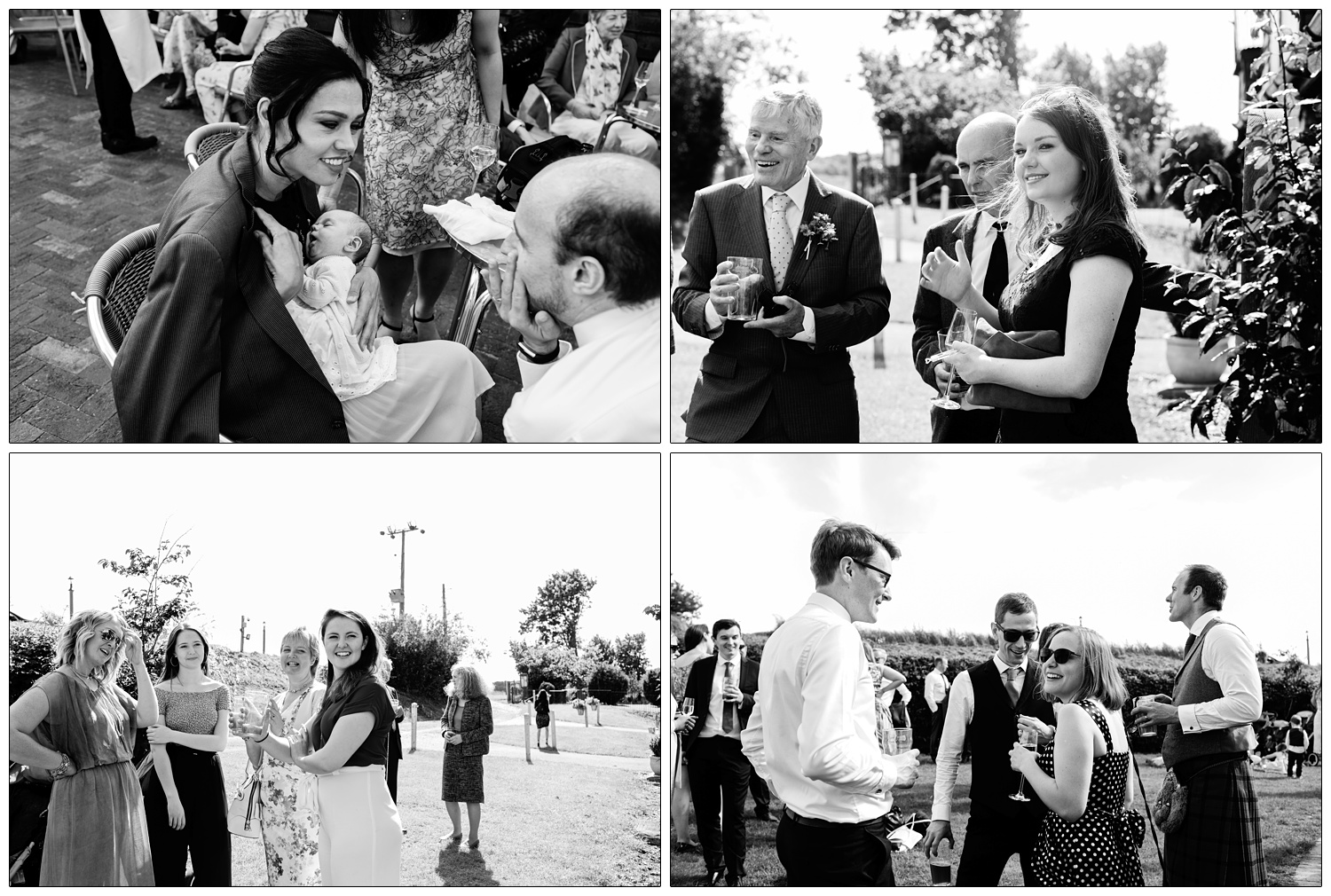 candid photographs of guests enjoying drinks in the wedding garden after the ceremony.