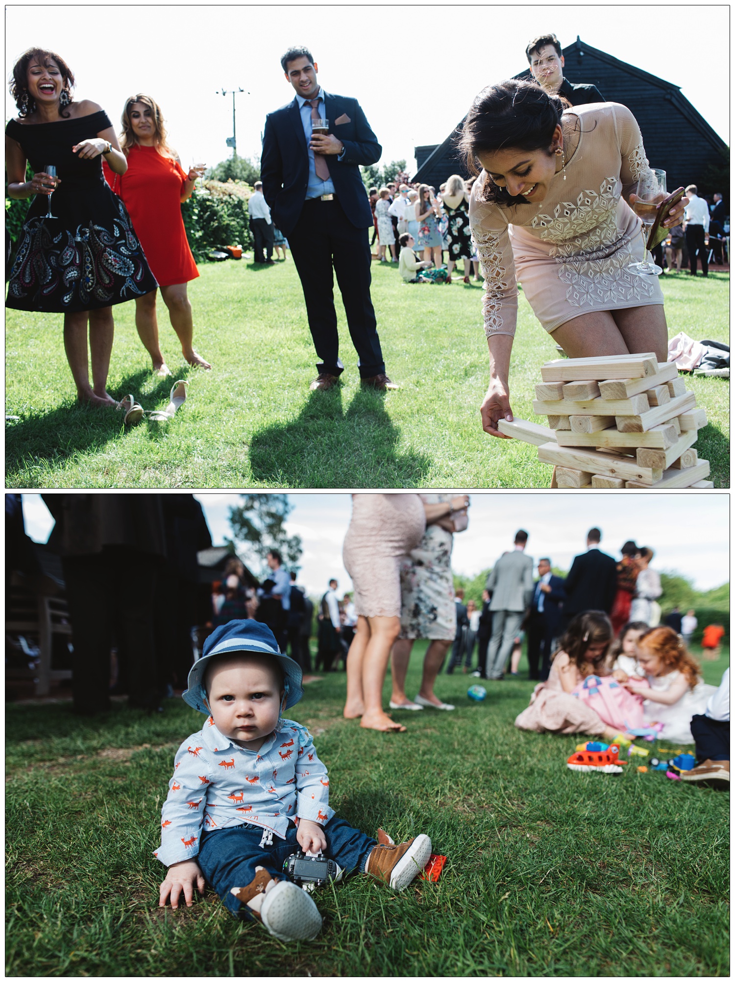 People playing jenga. A baby wearing a shirt with foxes on and a hat stares at the camera.