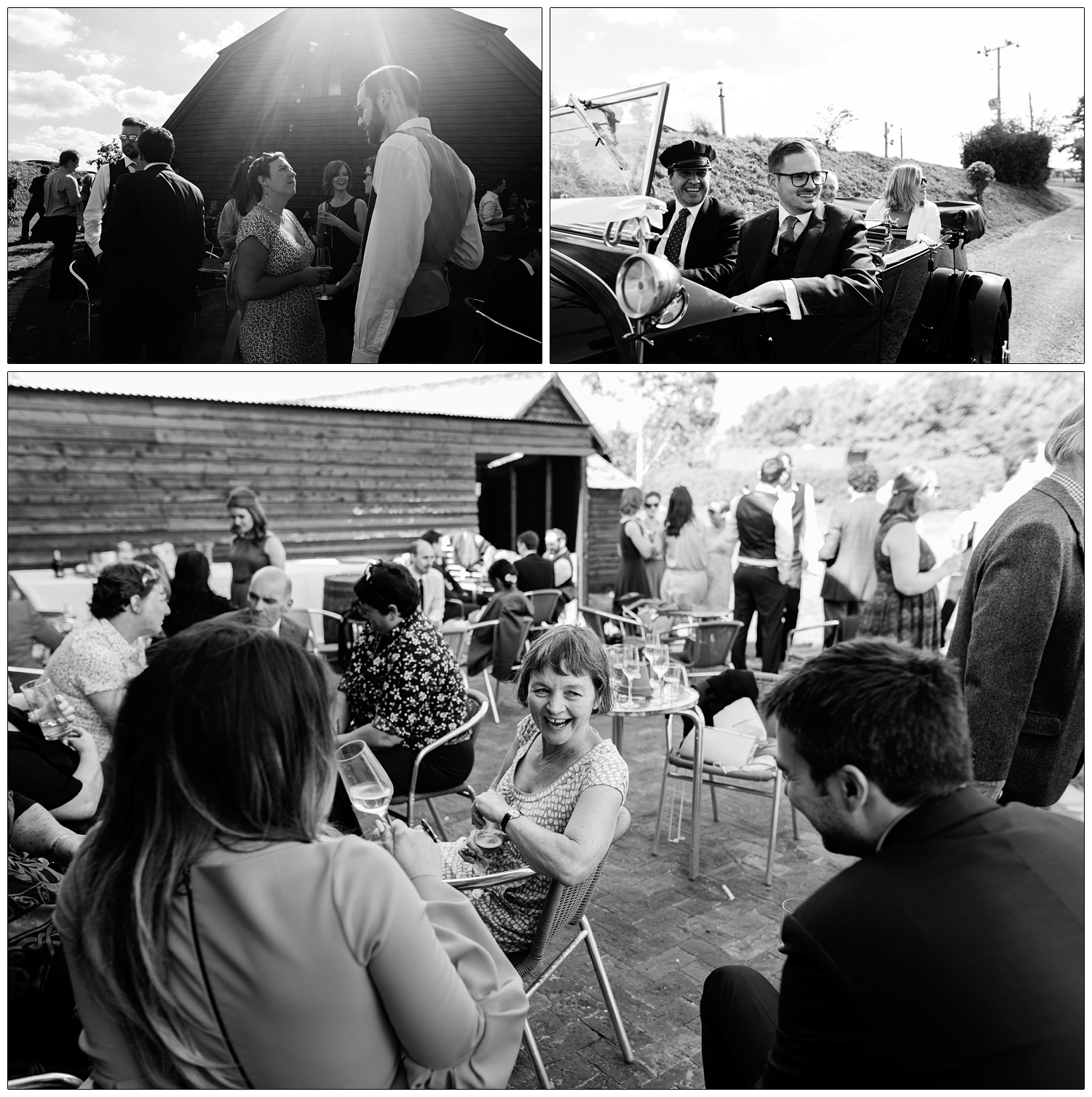 Wedding photojournalism style pictures in black and white of wedding guests enjoying drinks before dinner at Alpheton Hall Barns. A woman is sat in a chair and laughing at a couple she is talking to.